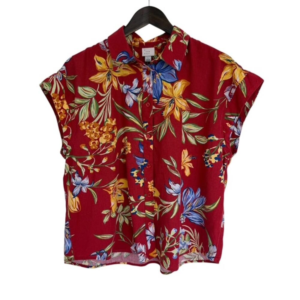 A New Day Brick Red Floral Hawaiian Button Up with Cap Sleeves Large NWT